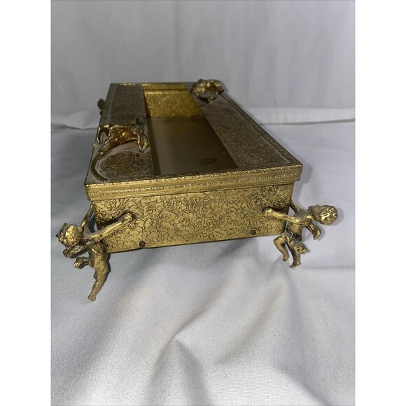 Vintage Gold Metal Brass floral Filigree cherub Angel Regency Tissue Box Holder - Picture 7 of 16